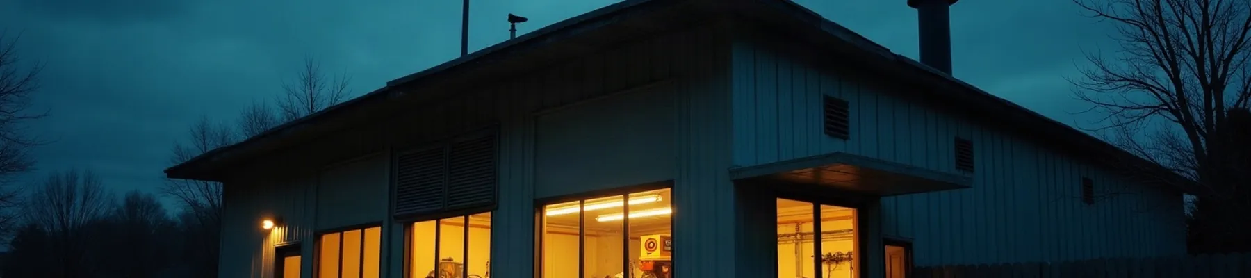 A small manufacturing workshop at dusk seen from outside, interior lights on.